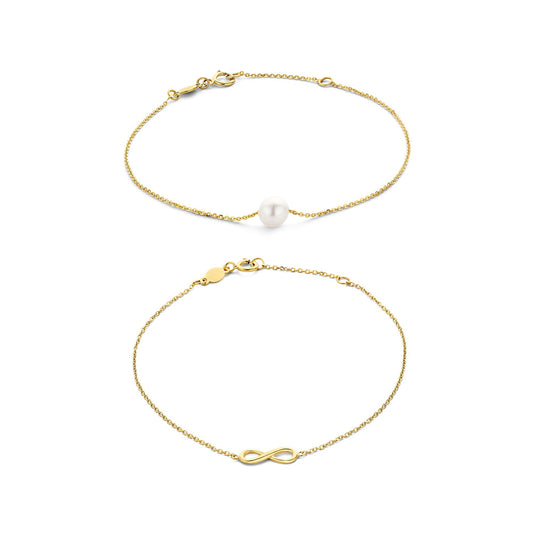 Regalo d'Amore 9 karat gold bracelets gift set with freshwater pearl and infinity sign