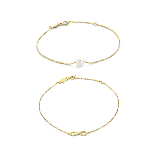 Regalo d'Amore 9 karat gold bracelets gift set with freshwater pearl and infinity sign - Beloro jewels